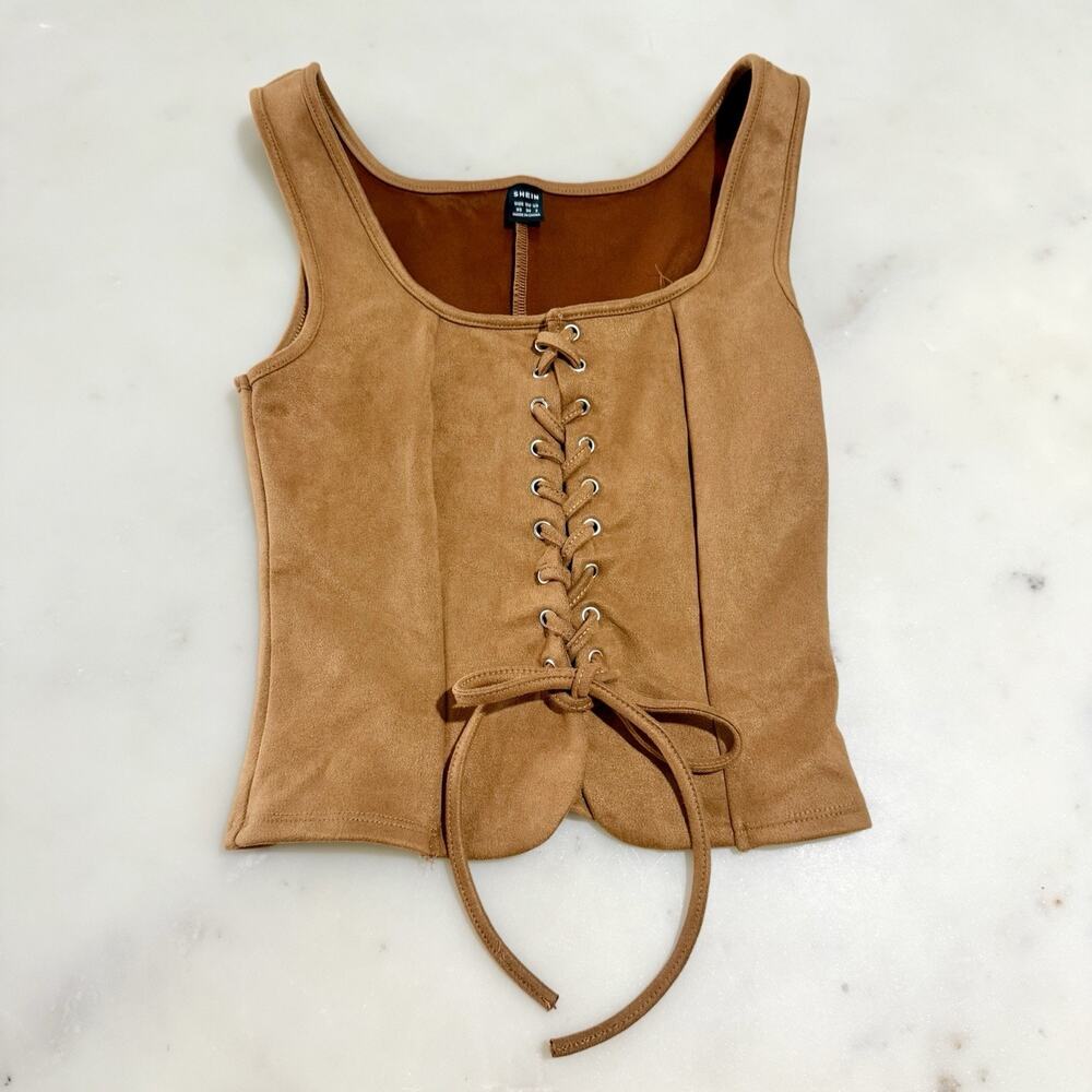 Shein Faux Suede Brown Lace-Up Sleeveless Tank Top Vest Western Festival Cowgirl